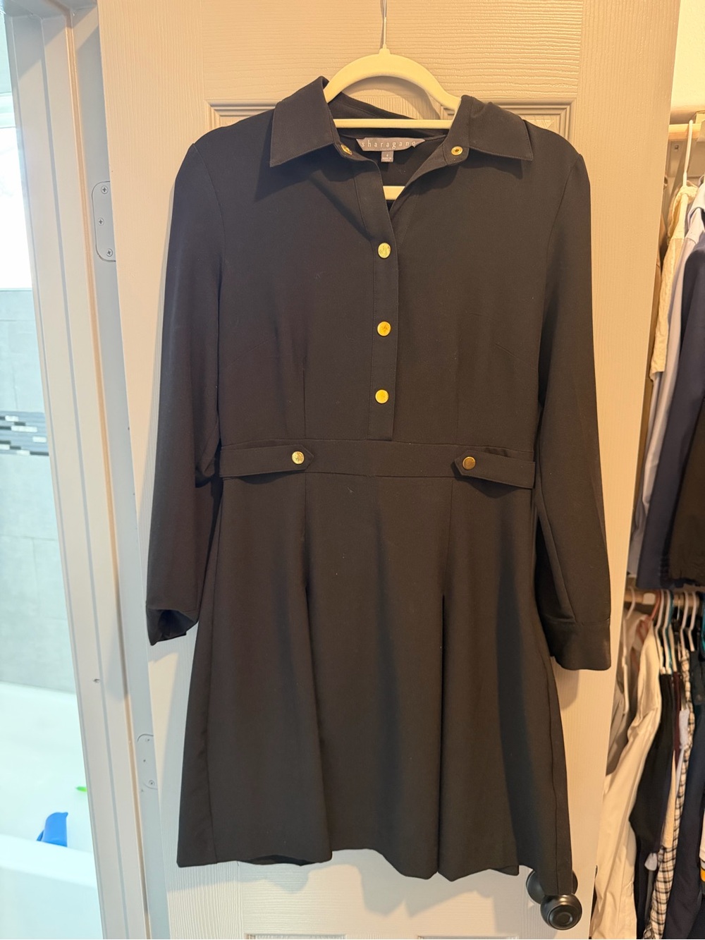 Sharagano Black Long-Sleeve A-Line Dress with Gold Buttons